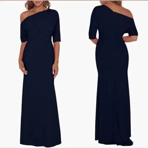 Betsy & Adam A25025 Madeline Long Scuba Crepe Off the Shoulder 8 NEW $259